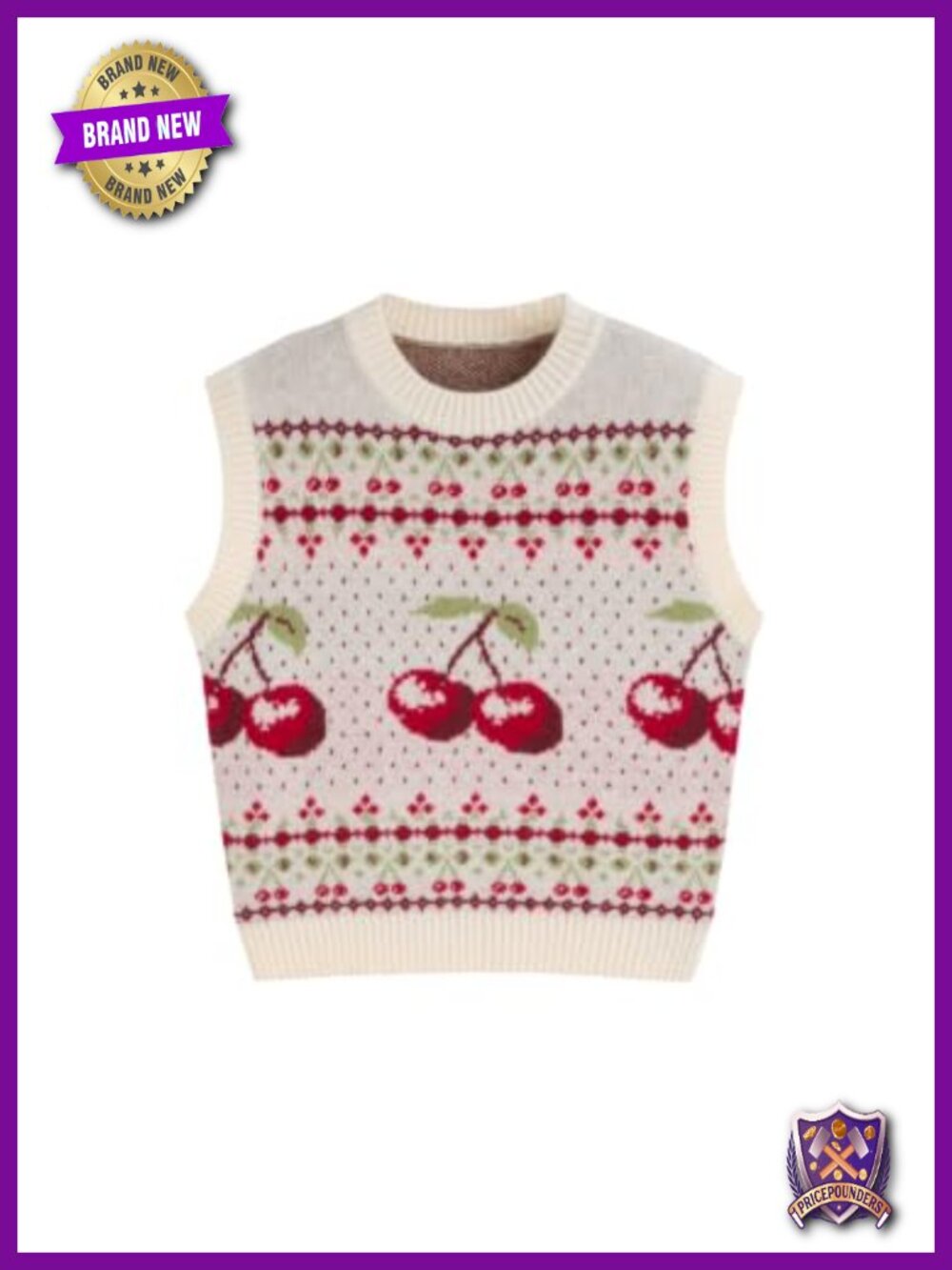 Cherry Fair Isle Sweater Vest Sleeveless Crew Neck Knit Pullover